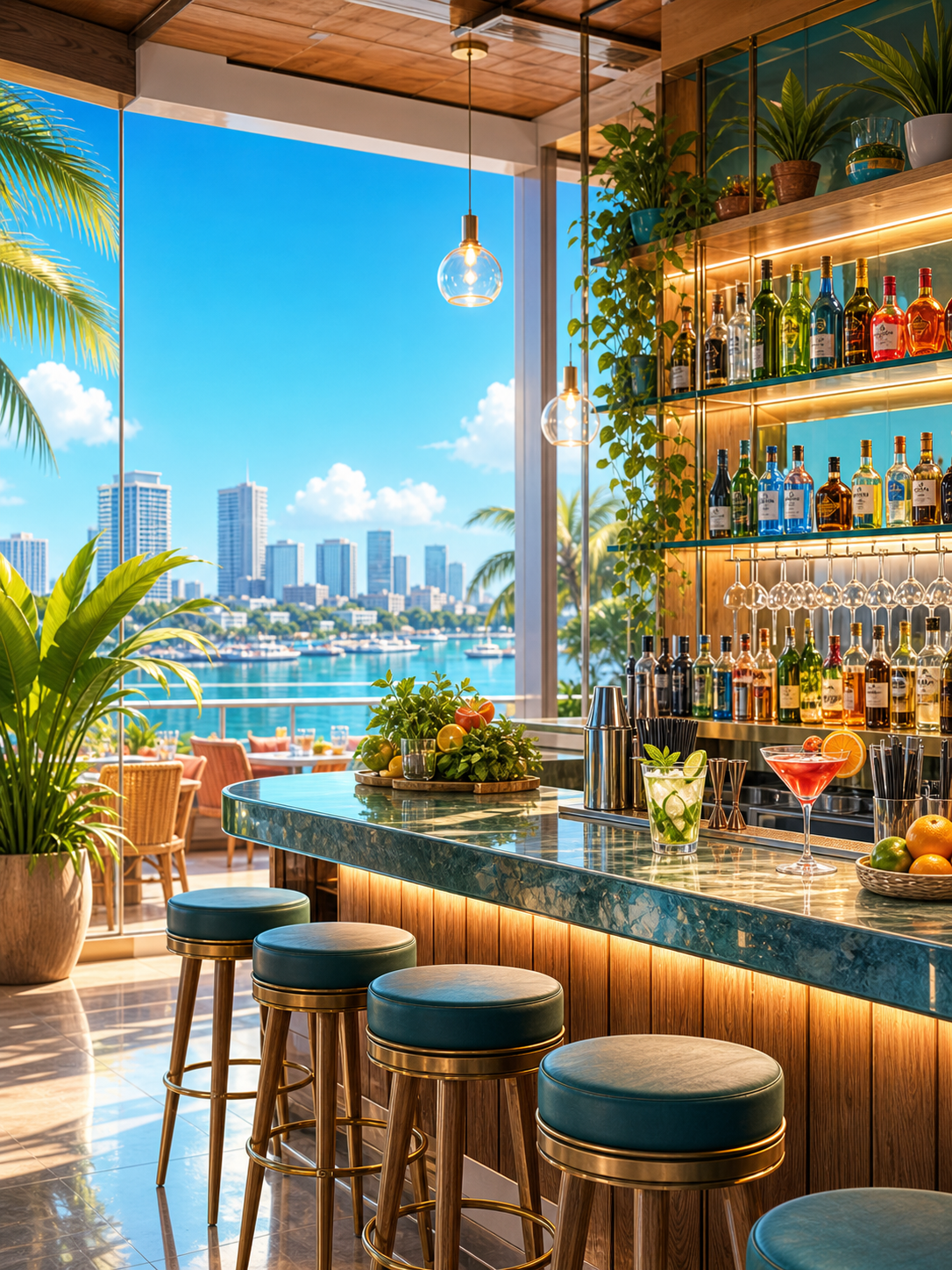 Neon illustrated bar location for a spy party game