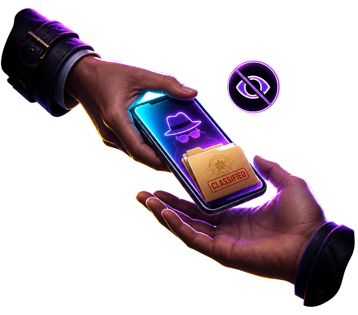 Hands passing a Spy Instant phone for Pass and Play mode
