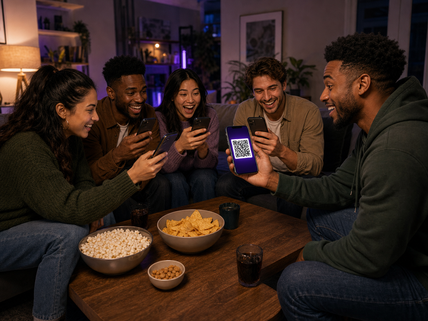 Host holding up a QR code while friends scan it with their phones