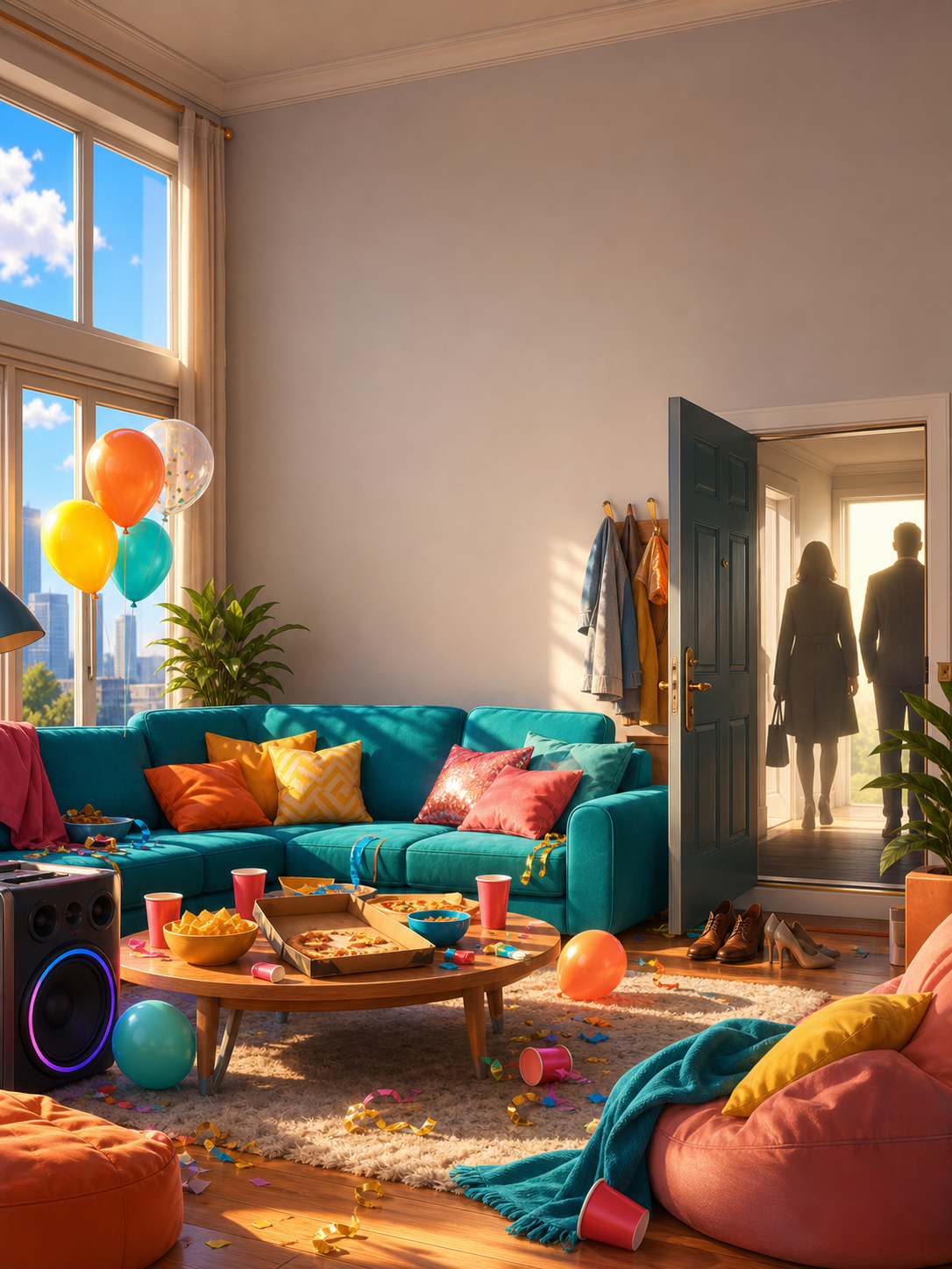 Illustrated house party scene for a spy party game