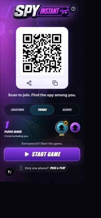 Spy Instant host screen with QR room invite